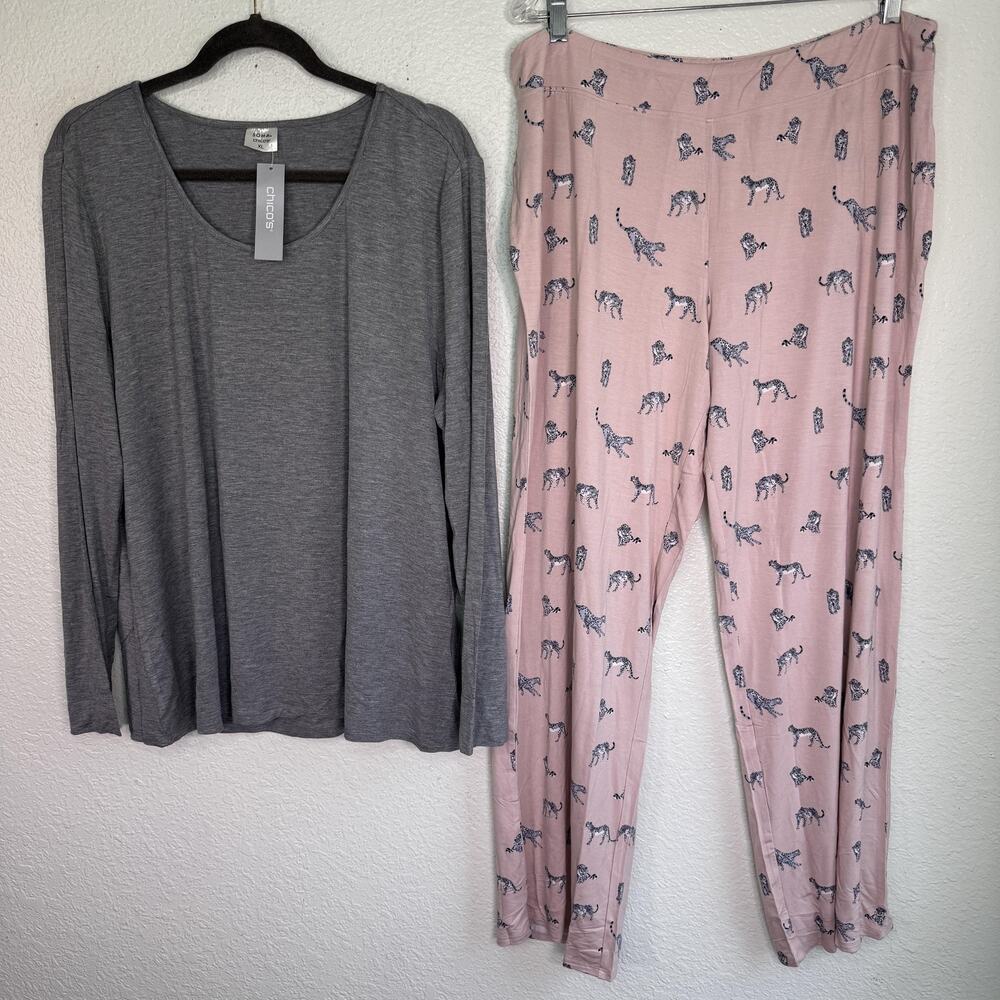 Soma Chicos Pajama Set Womens XL Leaping Snow Leopard Cool Nights Gray Pink Pjs